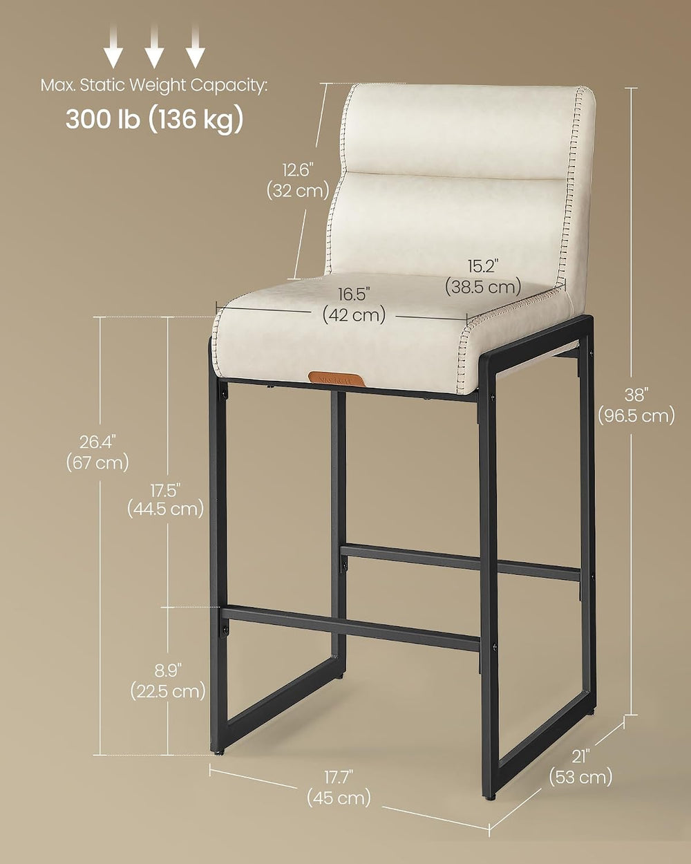 VASAGLE Bar Stools Set of 2, Counter Height Chairs with Backs, 26.4-Inch
