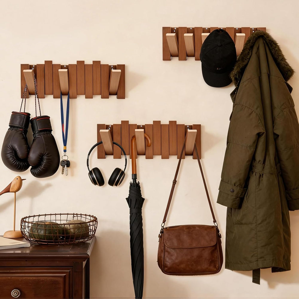 Coat Rack Wall Mount, Fold-Away Resin imitation wood Coat Hooks - 6 Hooks