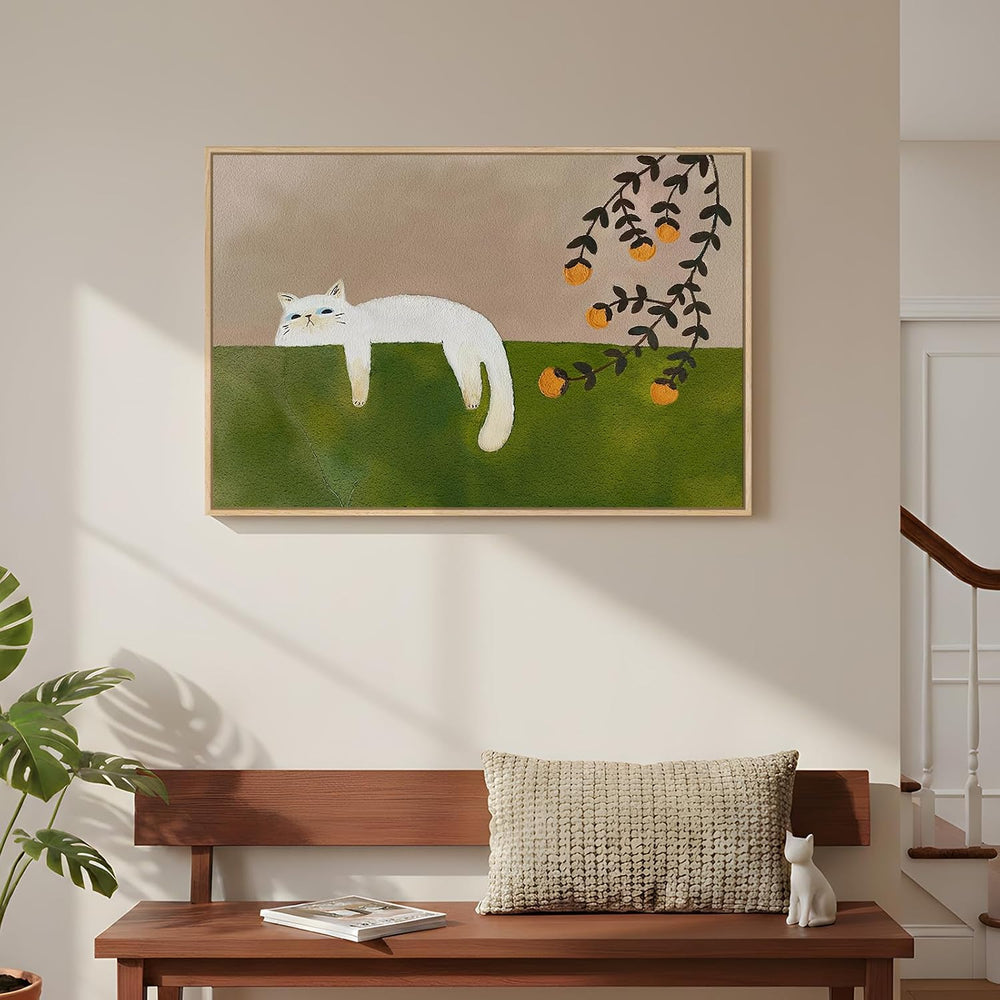 Large Framed Cozy Cat Neutral Green Canvas Wall Art Bedroom, 24x36 Inch
