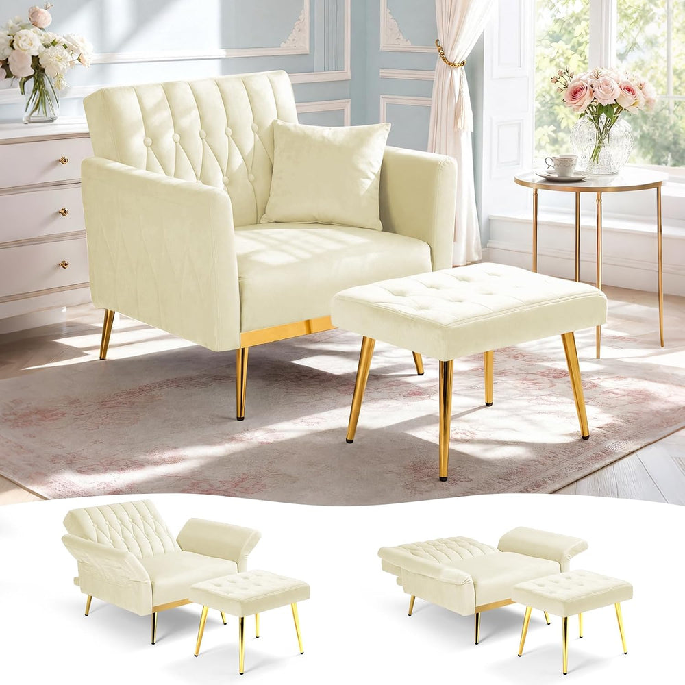 Velvet Accent Chair w/Ottoman & Adjustable Backrest, Beige