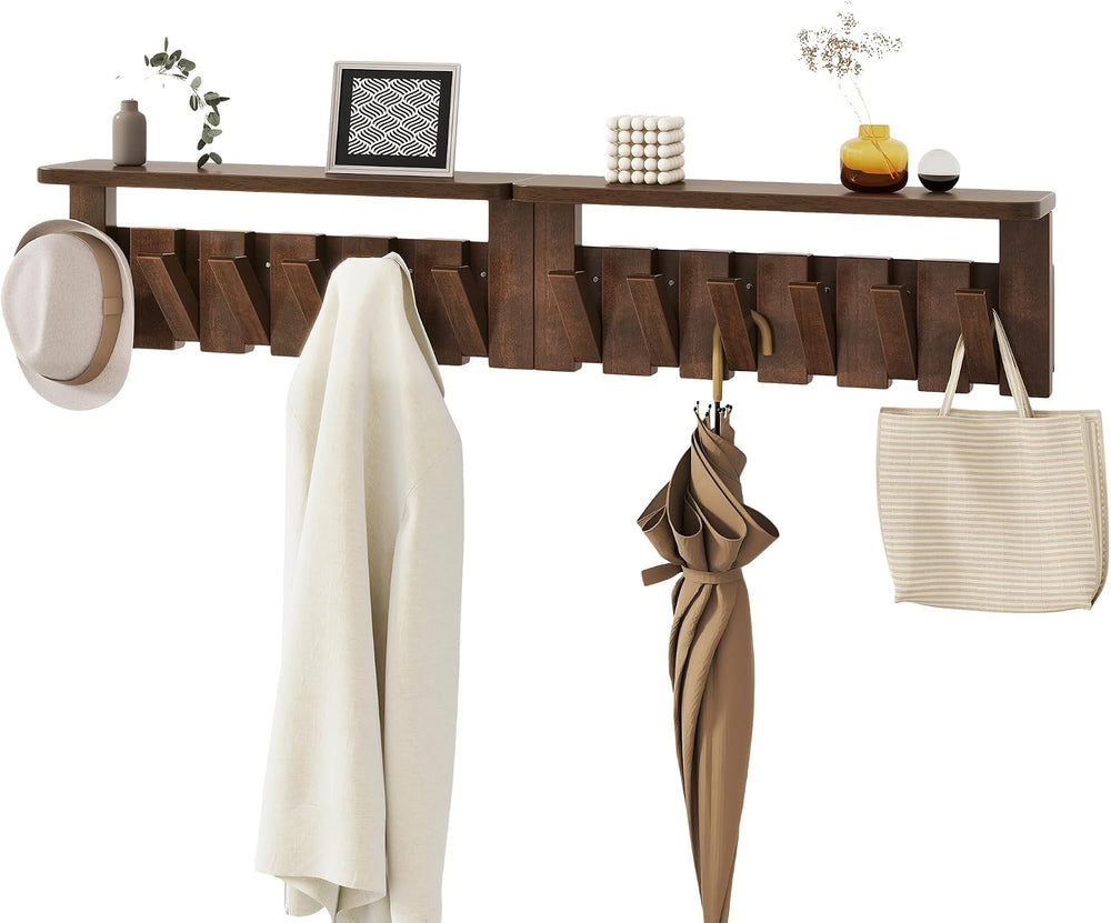 Piano Key Coat Rack Wall Mount with Shelf and 12 Hooks, Walnut HWS008H-2