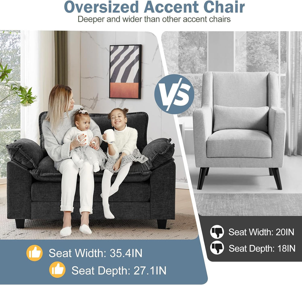 CDCASA Oversized Accent Chair w/Ottoman, Chenille Cloud Sofa Chair, Black
