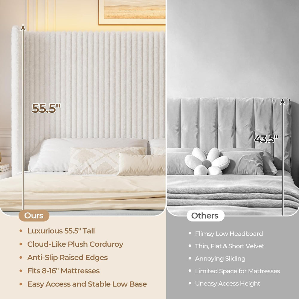 King Size 55" Tall Upholstered Bed Frame with Wingback Headboard