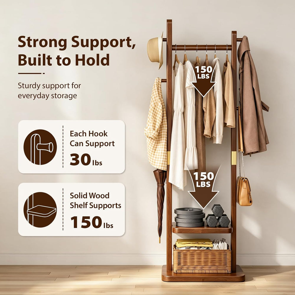 Taitiy Solid Wood Coat Rack, Freestanding Clothing Rack with 2 Shelves Storag...