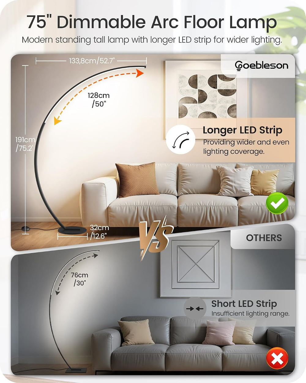 75" Dimmable Arc Floor Lamp with Remote & Foot Switch,LED Corner Flo...