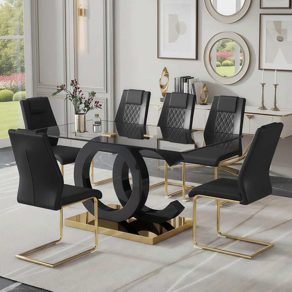 Ebullient 63" Glass Dining Table Set for 6 with Chairs, Black and Gold