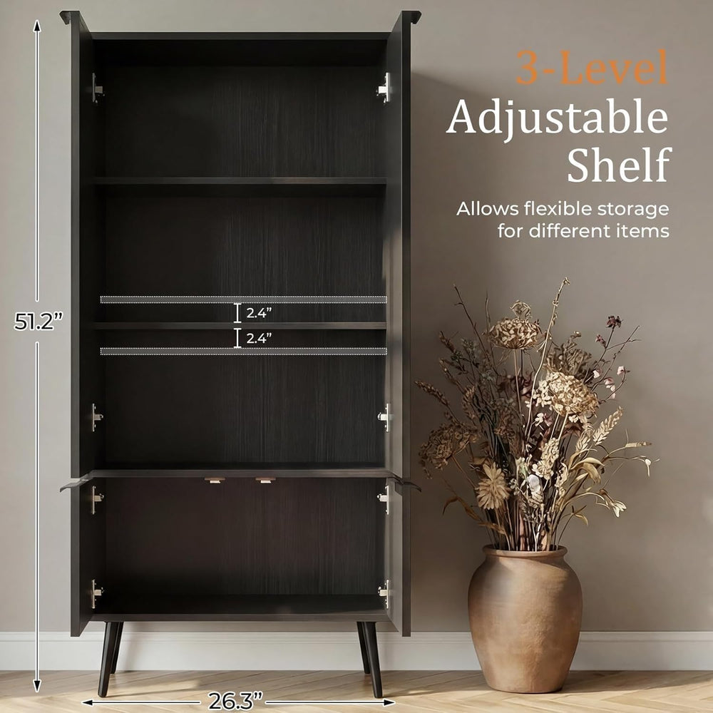 Ebony Fluted 51" Tall Wooden Kitchen Pantry Storage Cabinet Food Organiz...