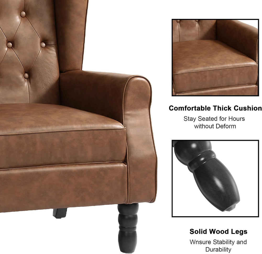 Faux Leather Wingback Accent Chair, Tufted High Back Armchair, Brown