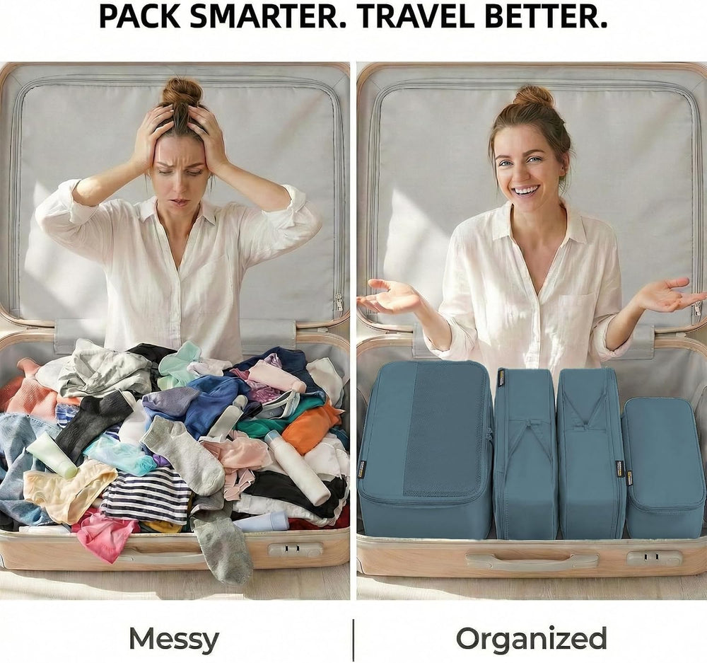 6 Piece Compression Packing Cubes for 7–14 Day Travel, Gray Blue