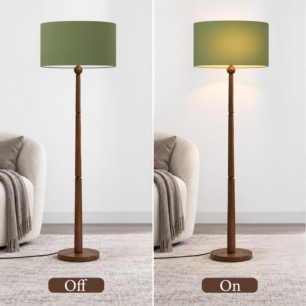 Buruis 65 Inch Single Ball Walnut Wood Floor Lamp with Linen Shade, Green