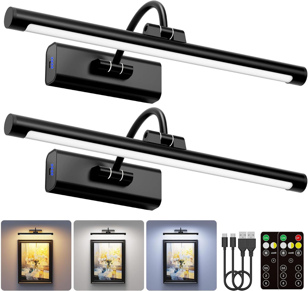 2 Pack Picture Lights for Wall 6000mAh - 16" Black Cordless Battery Powe...