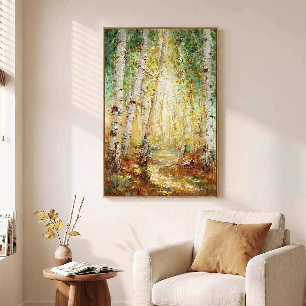 Framed Birch Tree Forest Landscape Wall Art for Living Room, 24x36 Inch