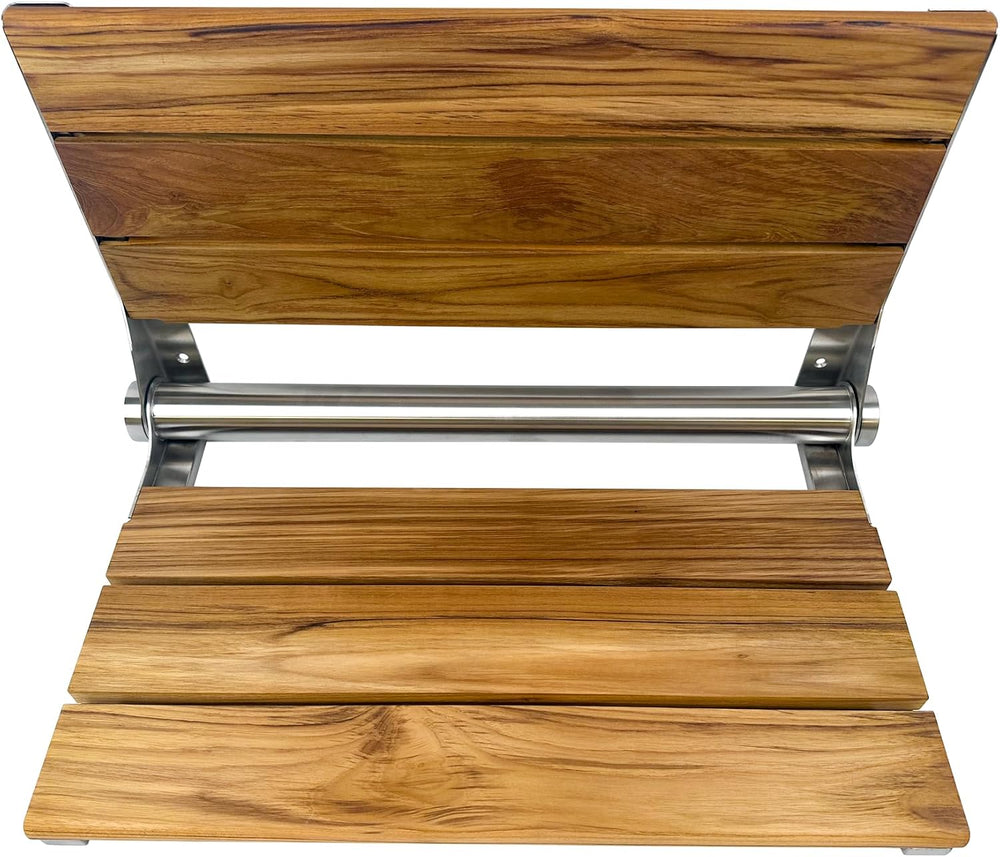 Teak Shower Seat Bench with Back, Brushed Stainless, 24 in