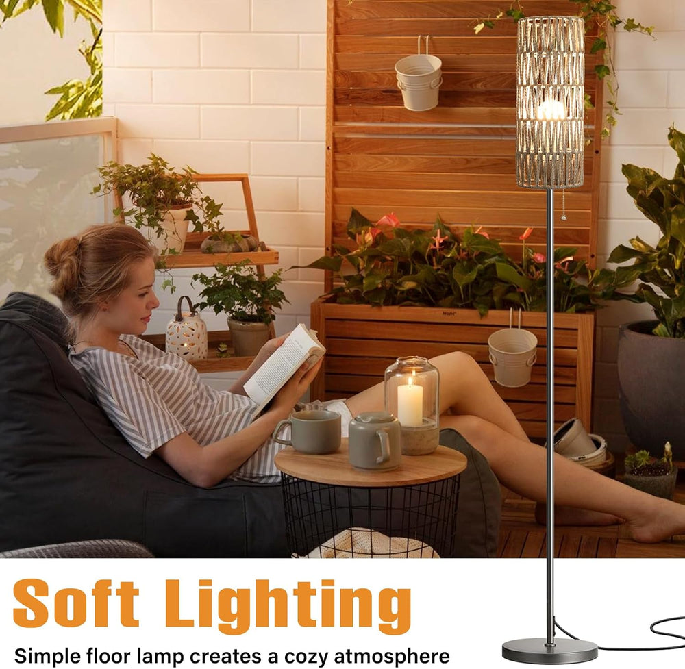 Ambimall 64" Floor Lamp with Bulb & Rattan Shade & Chain Switch,...