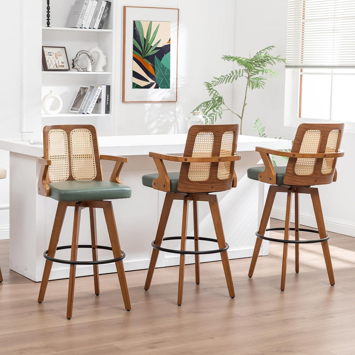 Mid Century Bar Stools, Rattan Swivel Bar Stools with Walnut Finish