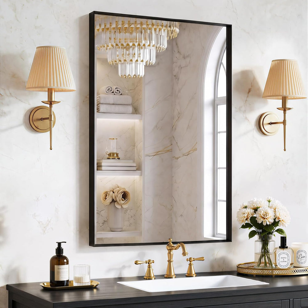 Bathroom Mirror 36x24 Inch, Black Metal Framed Mirror for Wall