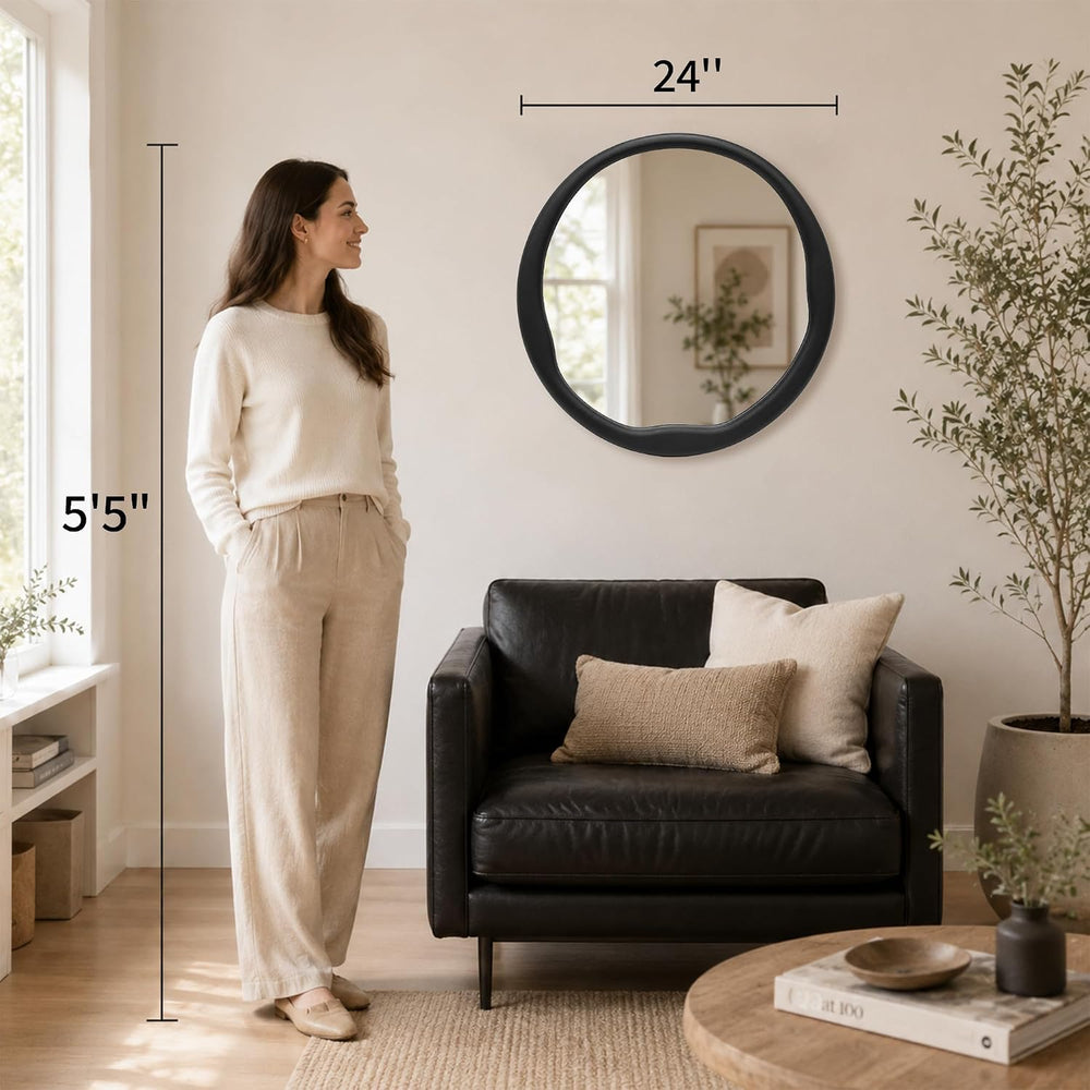 Matte Black 24 Inch Round Wood Wall Mirror, Asymmetrical Inner Edge