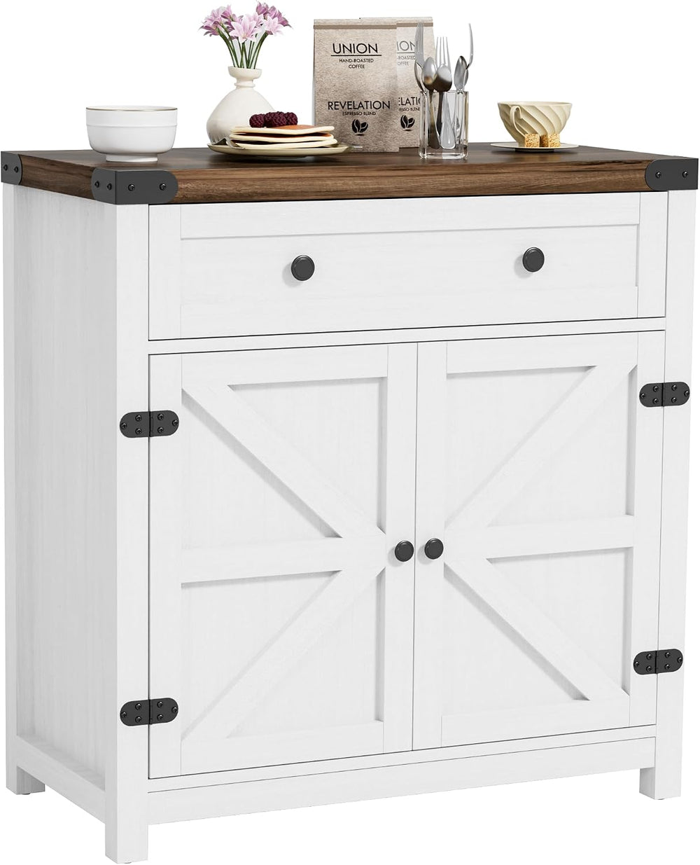 YESHOMY Farmhouse Coffee Bar Accent Cabinet Barn Doors,Rustic Brown White