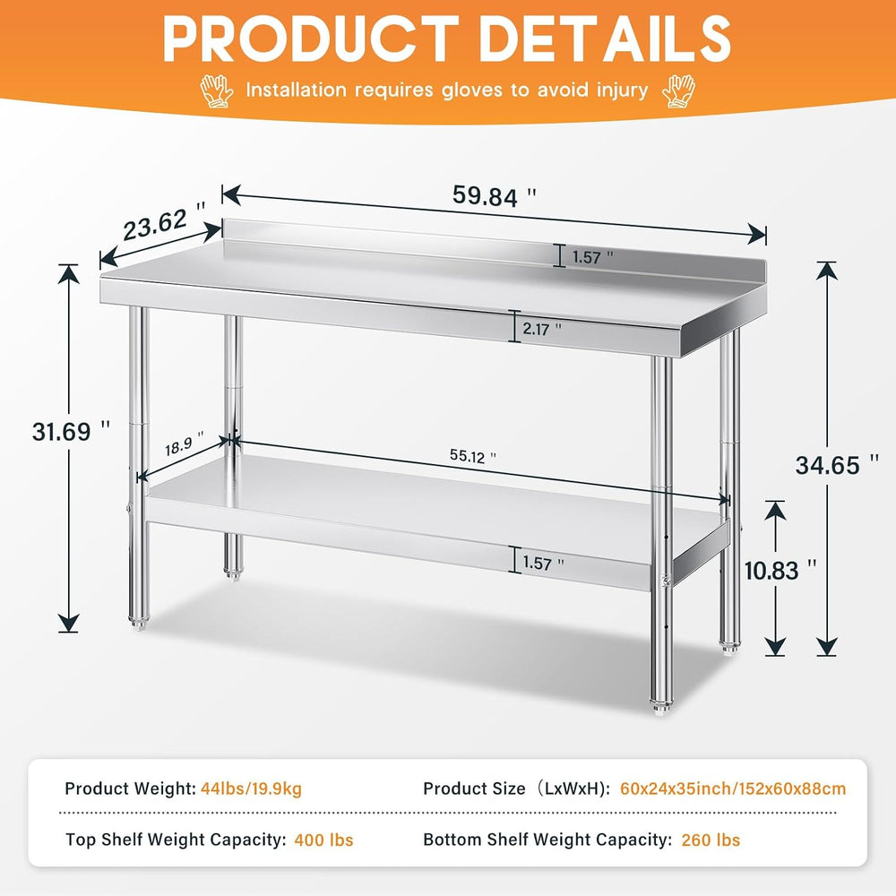Jocisland 60 x 24-Inch Stainless Steel Prep Table with Backsplash