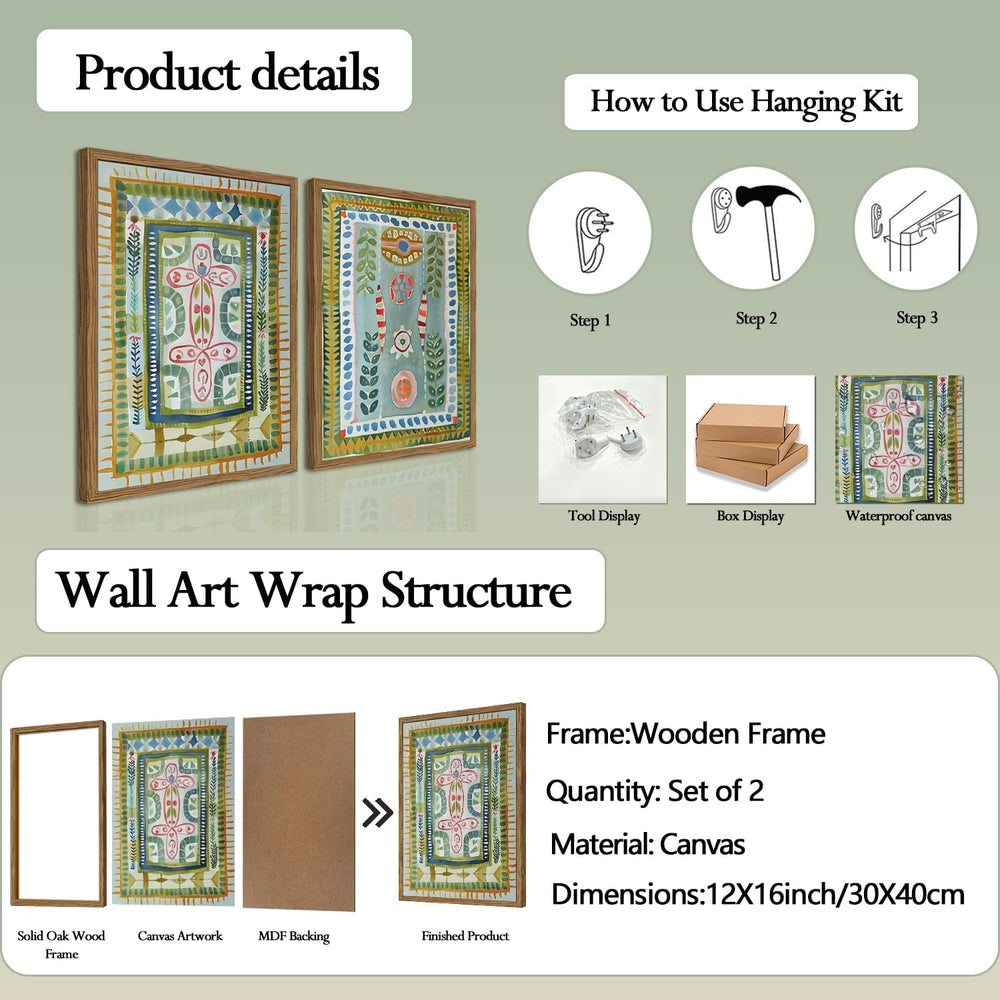 Framed Boho Wall Art Set of 2, Sage Green Botanical Pictures Wall Decor, Abst...