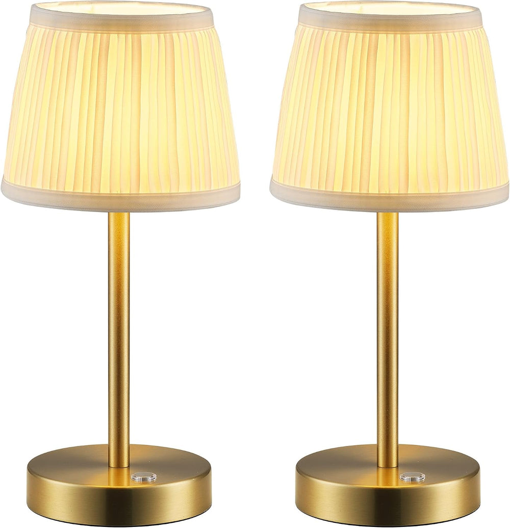 PUSU 2 Pack Cordless Gold Table Lamps, Fabric Shade Bedside Small Lamp