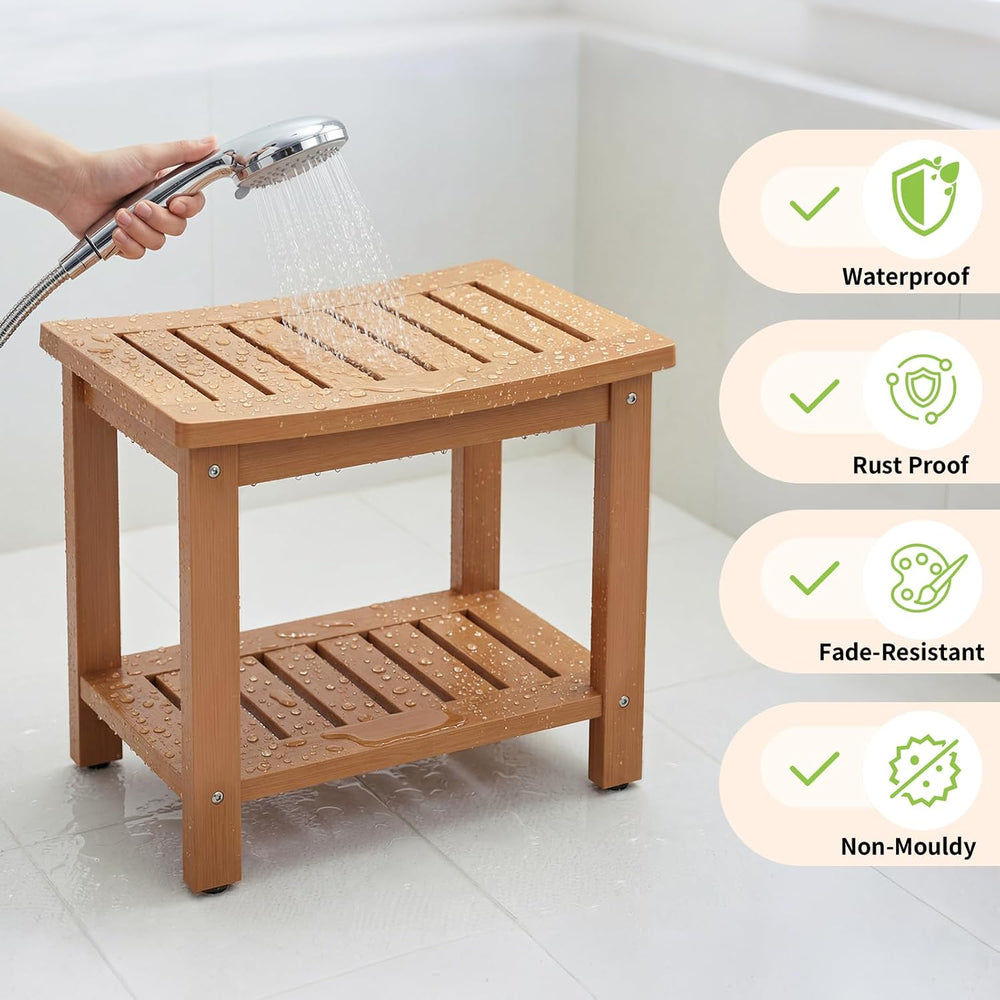 Psilvam 21" Poly Lumber Shower Bench Seat, Waterproof Shower Stool, Teak
