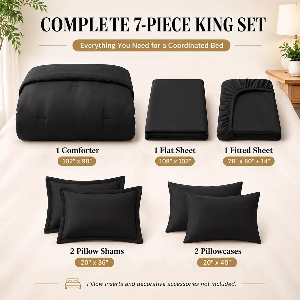 CozyLux King Size Comforter Set Black, 7 Pieces Bed in a Bag