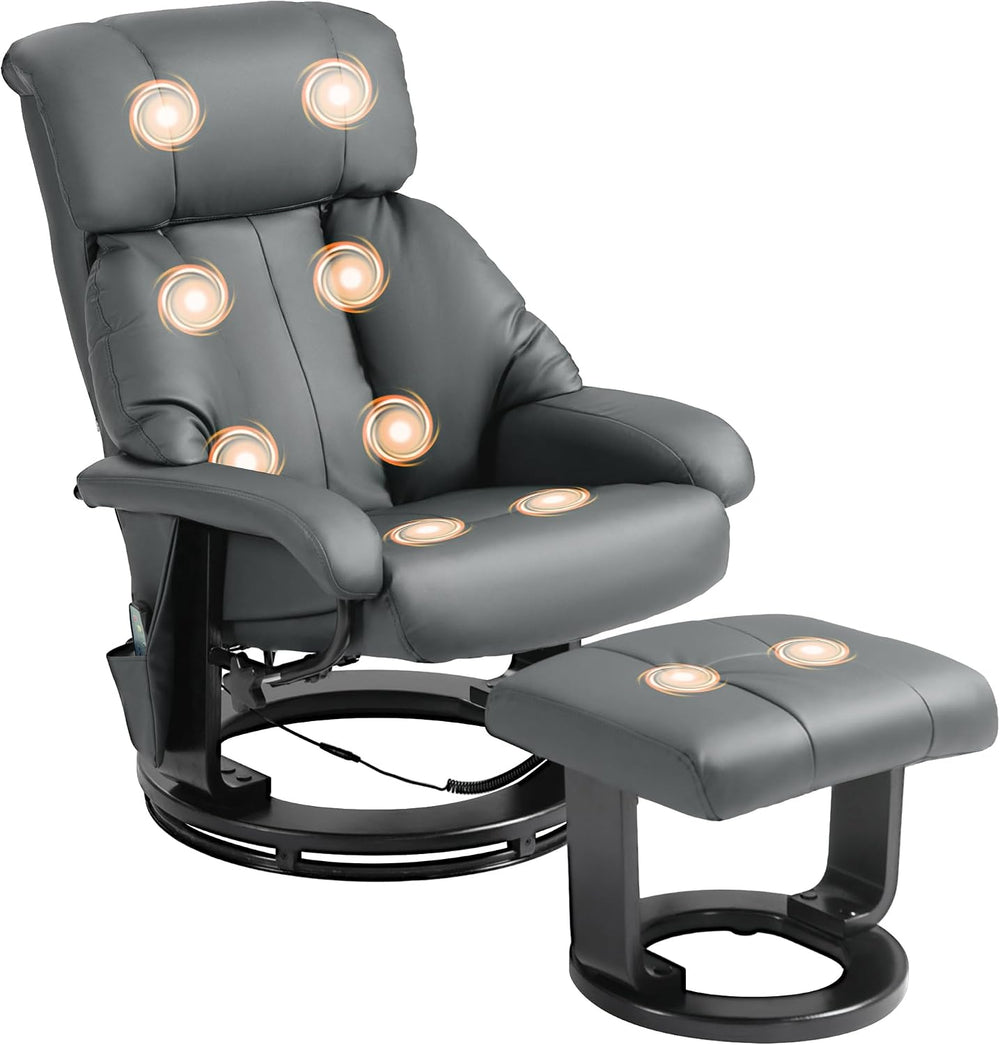 HOMCOM Massage Swivel Recliner Chair with Ottoman, Reclining Lounge, Gray