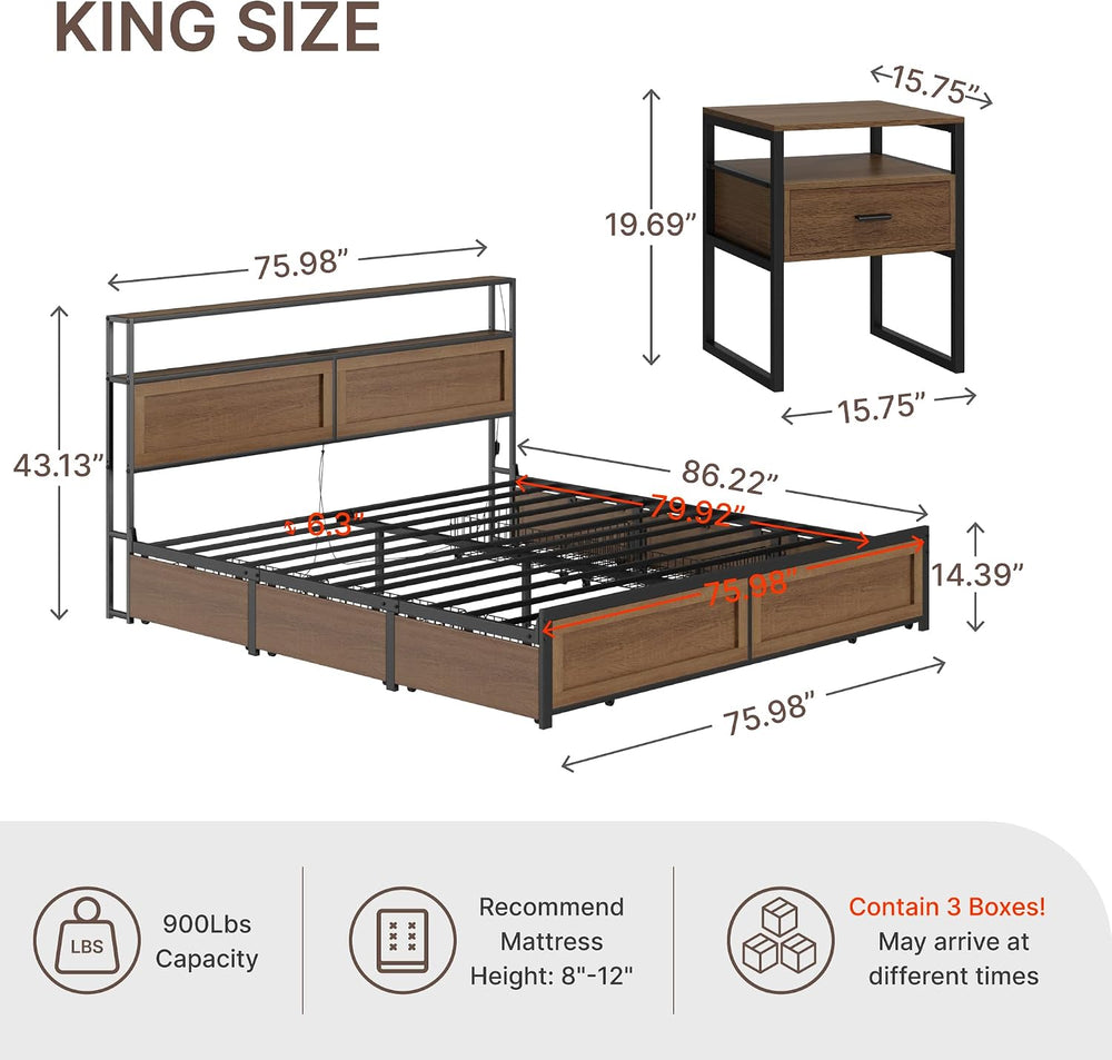 KISLOT 3PCS Bedroom Set with Storage, Industrial Bed Frame, Walnut, King