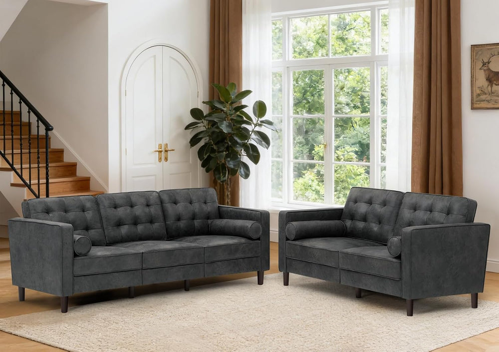 Suede Leather Upholstered Sofa Set with Tufted Backrests, Grey