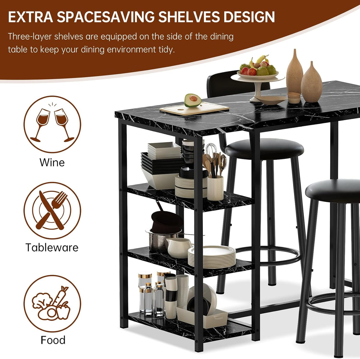 Kitchen Dining Table Set for 2, Bar Table and Chairs Set with 3 Storage Shelves, Tall Dining with 2 PU Leather Backrest Stools for Small Space, Kitchen Island, Apartment, Black