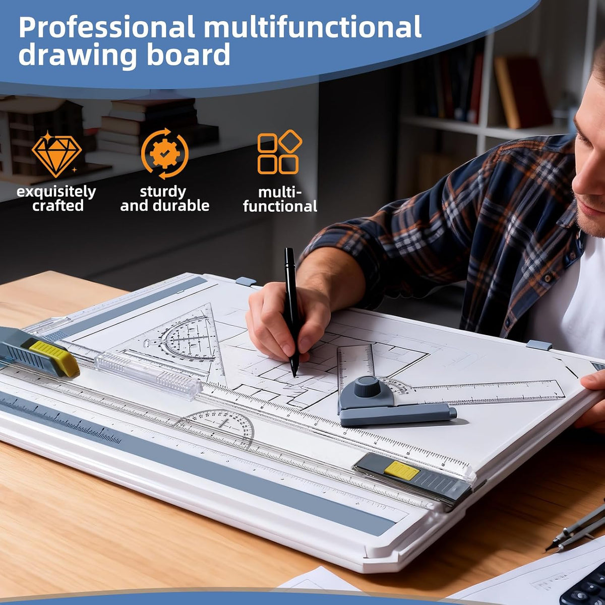 A3 Drawing Board Drafting Table Multifunctional Drawing Board Table with Clear Rule Parallel Motion and Angle Adjustable Measuring System, Inch