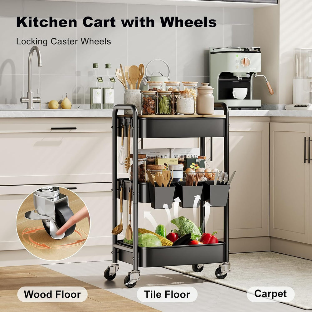3 Tier Storage Rolling Cart with Wood Table Top on Lockable Wheels（Black）
