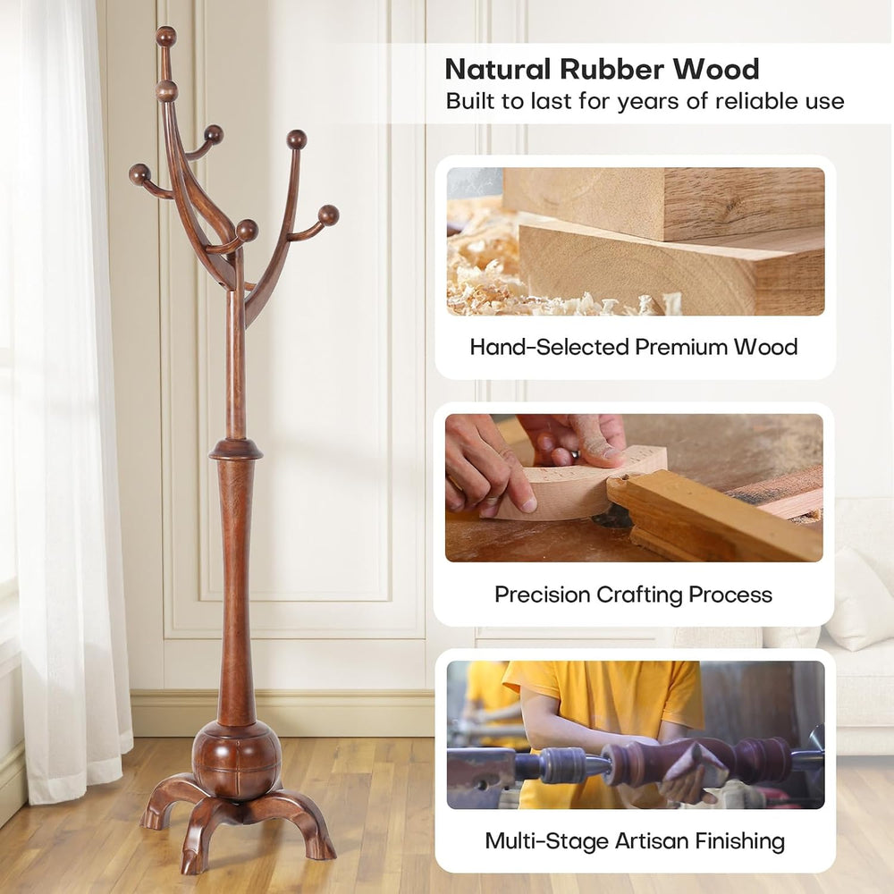 Wooden Coat Rack Freestanding Coat Tree with 8 Hooks, Walnut