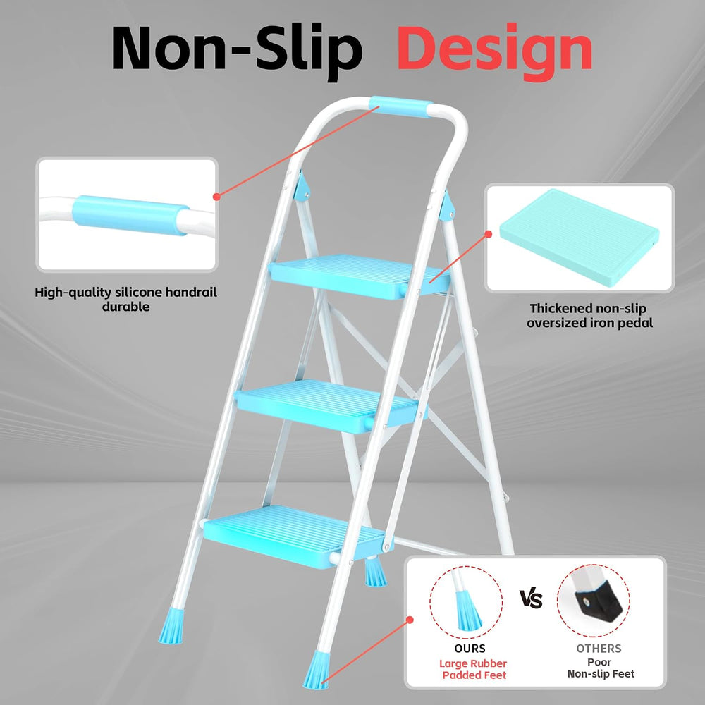 Step Ladder Foldable Folding Stool - for Home Adults Kitchen 3 Stepping Exten...