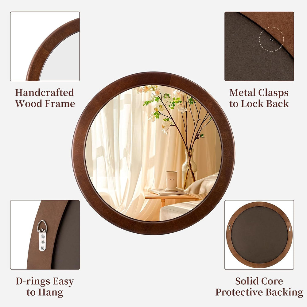 CULER Round Wood Mirror 24 Inch,Circle Mirror with Walnut Frame for Wall