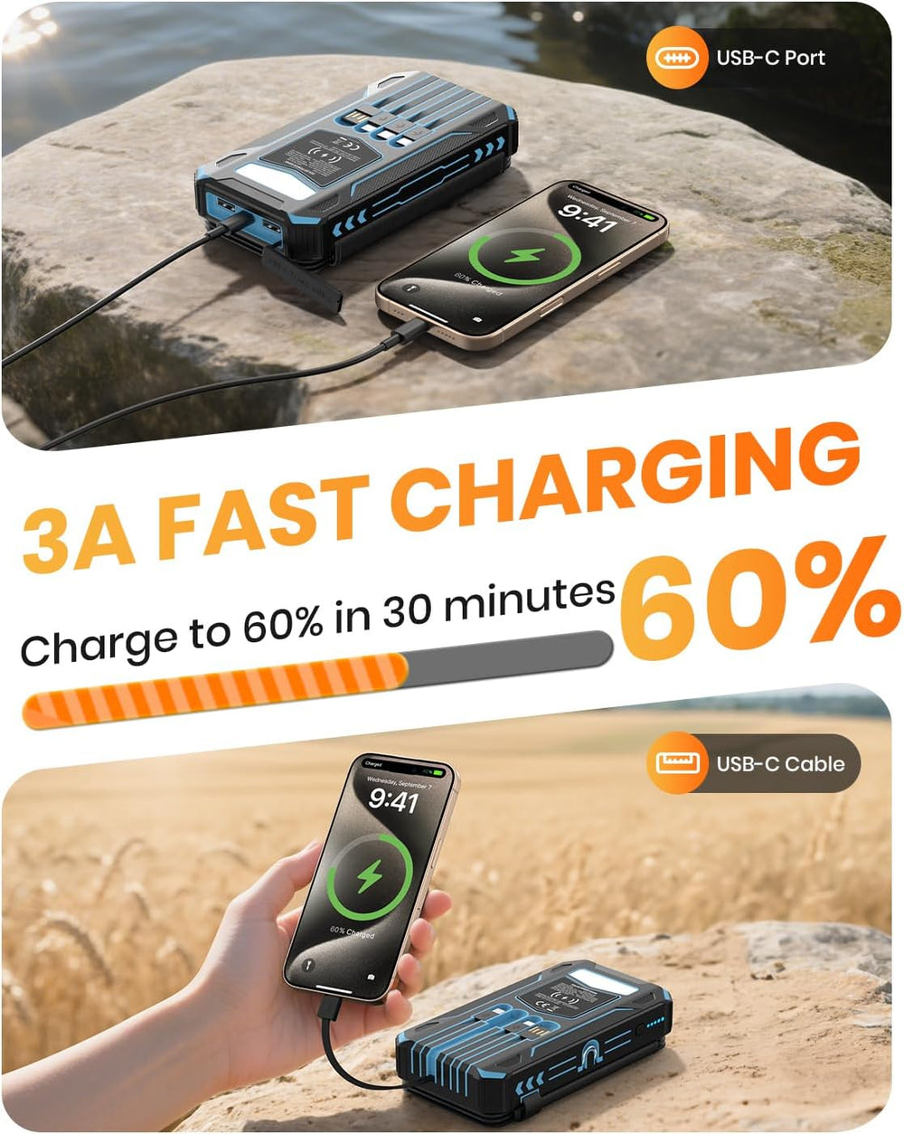 SOARAISE Solar Power Bank 48000mAh Wireless Battery Pack with 4 Cables