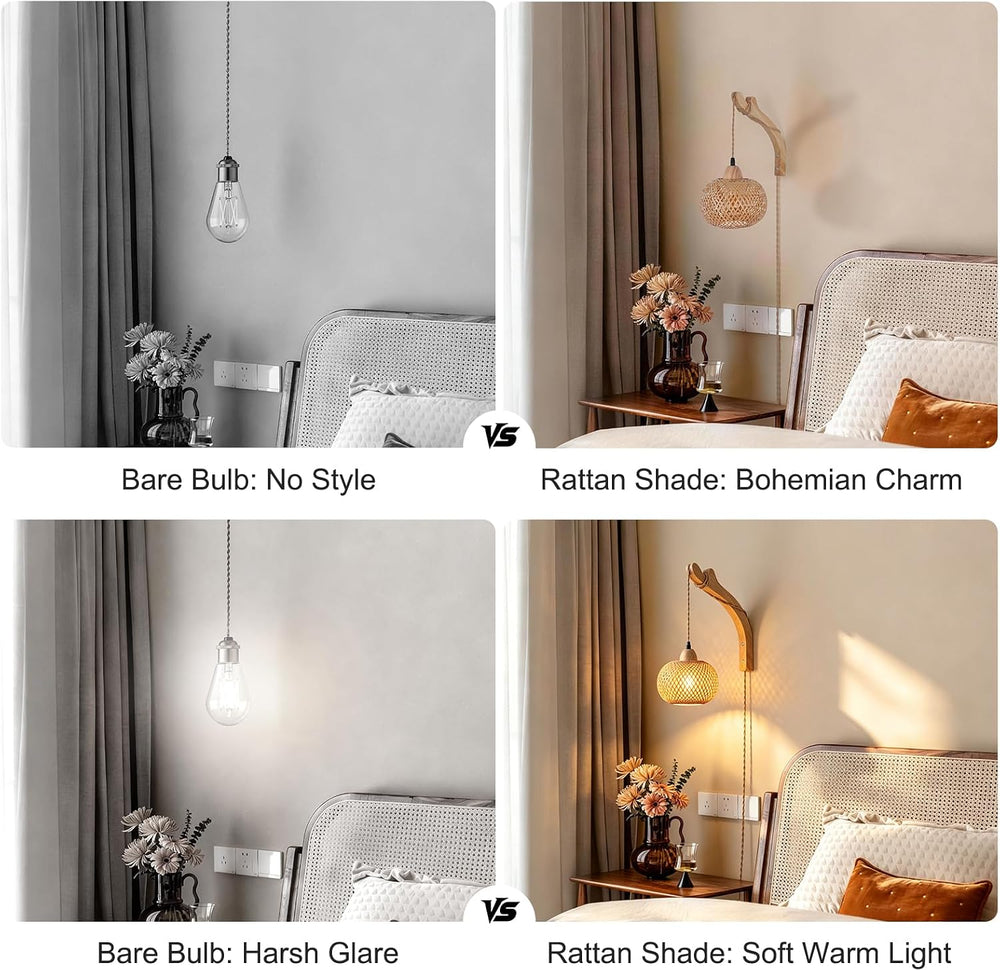 Frideko Bamboo Lantern Plug in Wall Sconces Wicker Wall Lamp with Plug in Cor...
