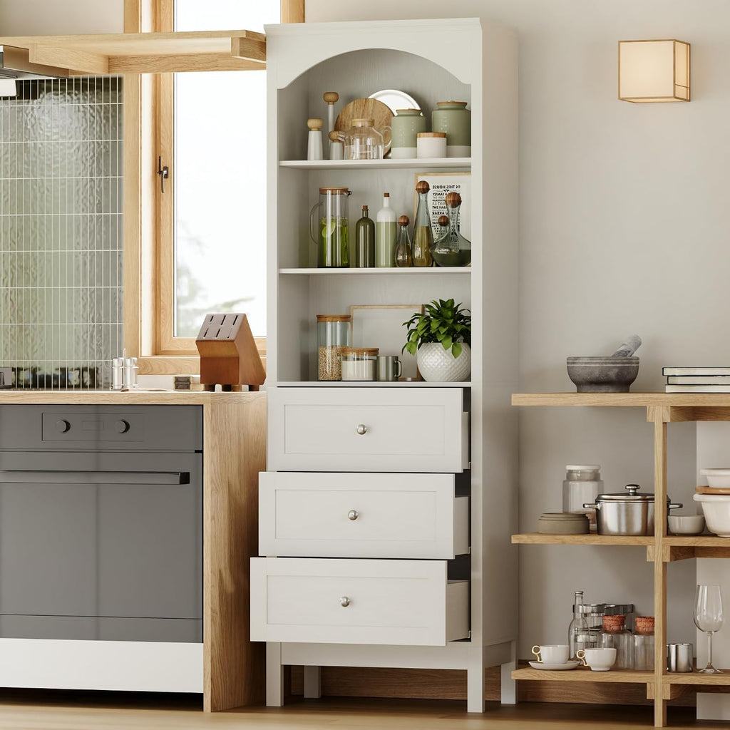 71" h tall bookshelf with drawers, arched book, close-up detail