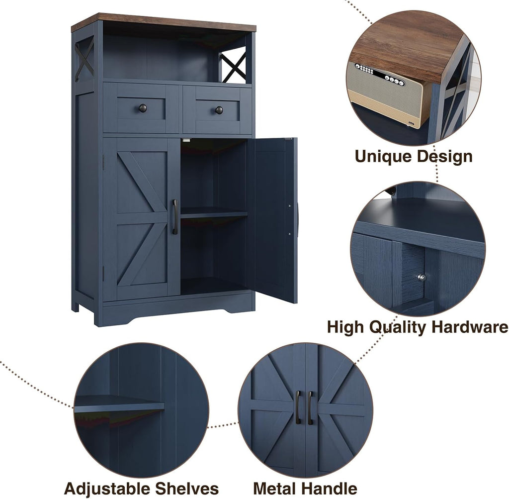 Farmhouse Storage Cabinet with Drawers, Small Kitchen Pantry Cabinet, Blue