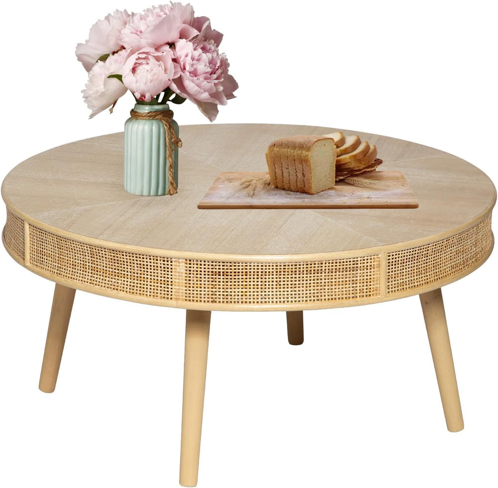 RUSTOWN 2-Piece Farmhouse Coffee Table, Modern Round Rattan Side Tables