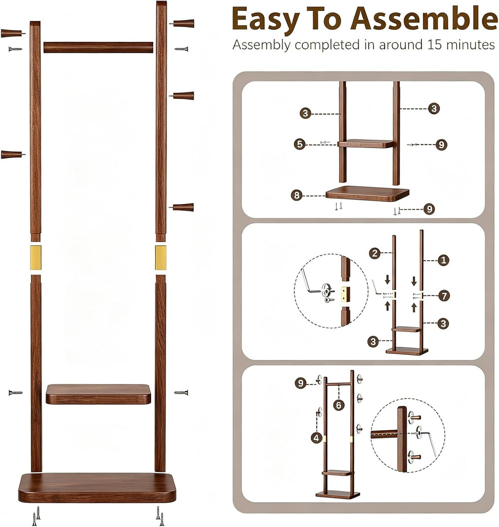 Taitiy Solid Wood Coat Rack Freestanding Clothes Rack 5 Hooks 2 Shelves