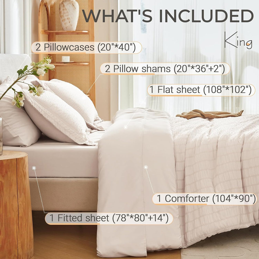 MUXHOMO King Comforter Set 7 Pieces, Seersucker Bed in a Bag, Beige