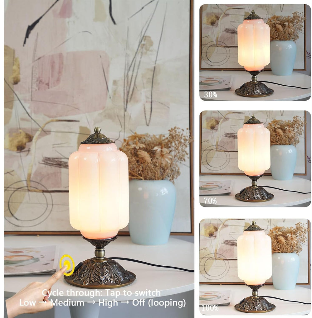 Vintage Pink Milk Glass Touch Bedside Lamp, 3-Way Dimmer, USB-C+A