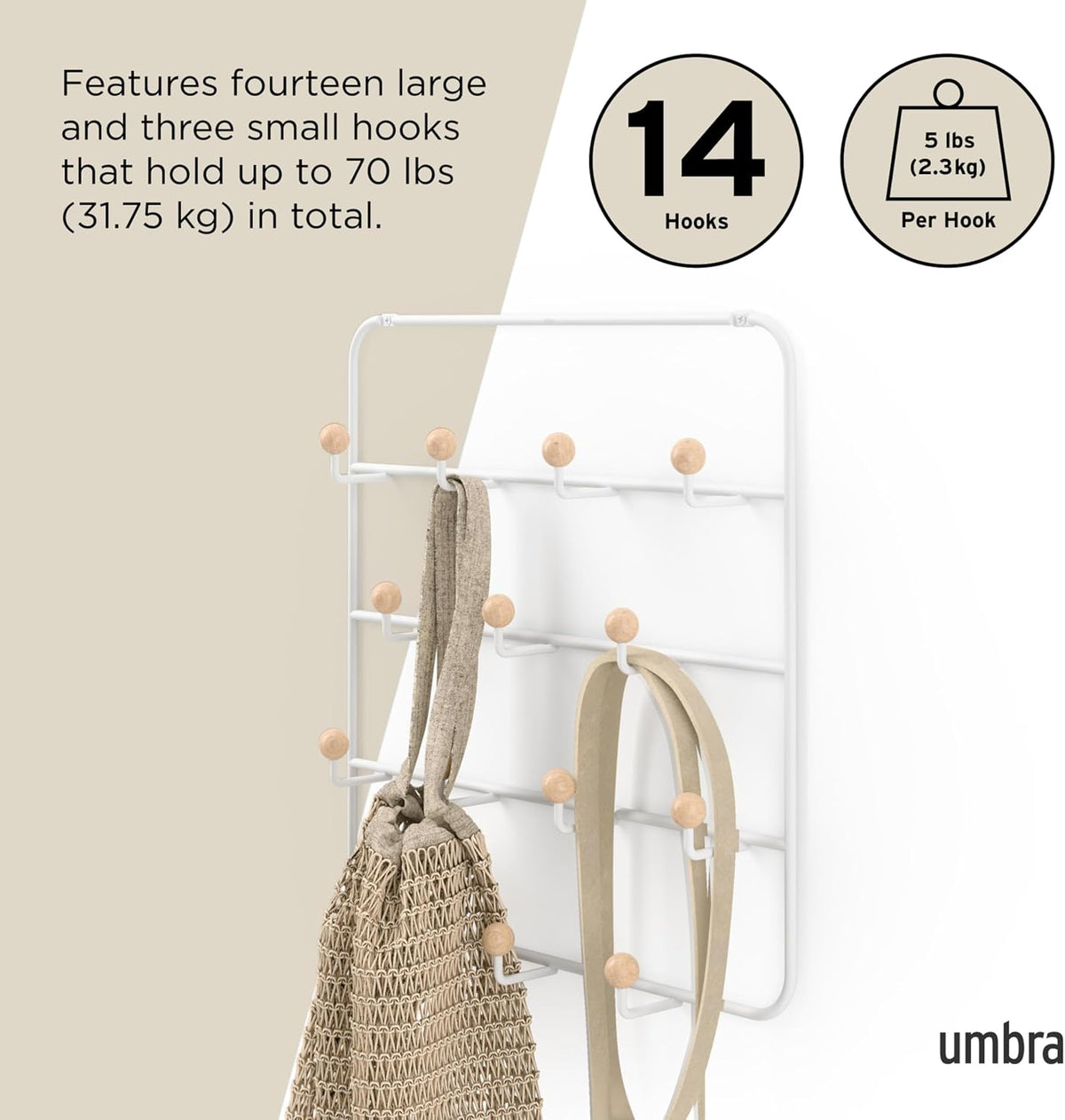 Umbra Estique Coat Rack, Over the Door Wall Hooks, 14 Hook, White/Natural