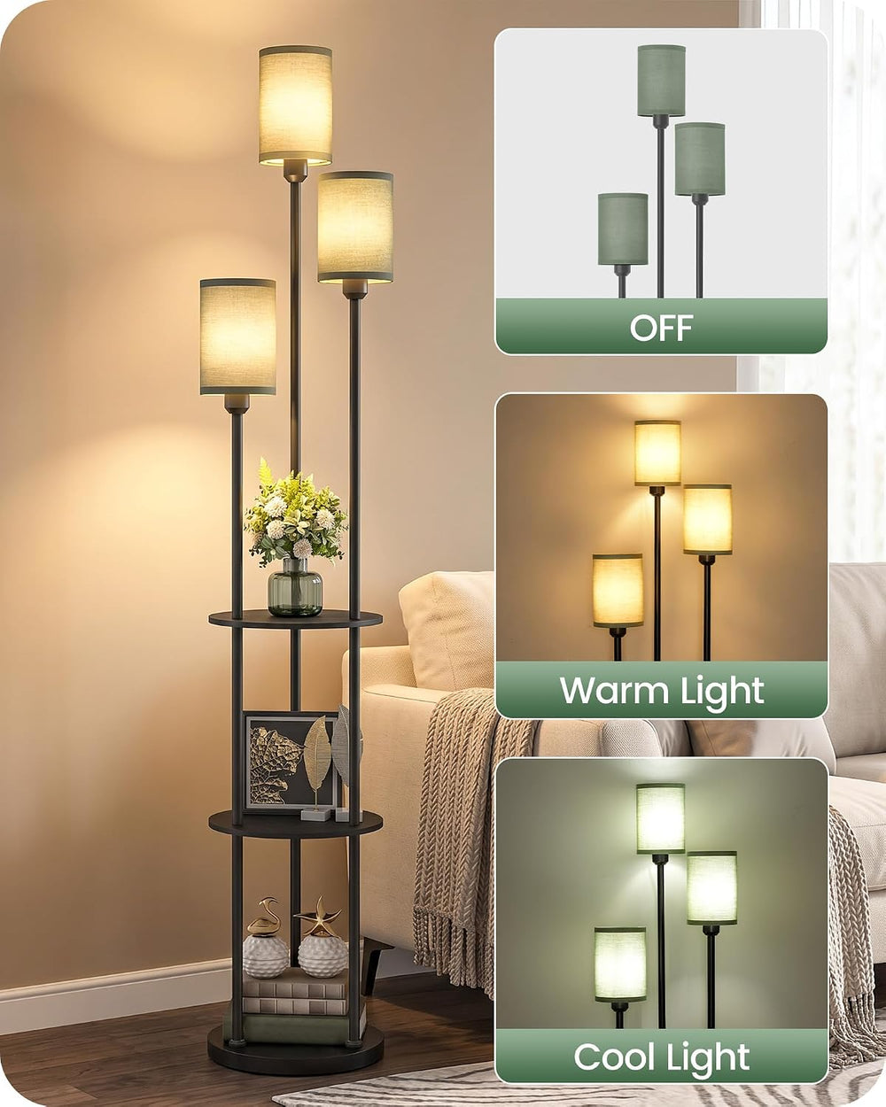 Floor Lamp with Shelves, Modern Floor Lamp with 3 Linen Shades and Foot Switc...
