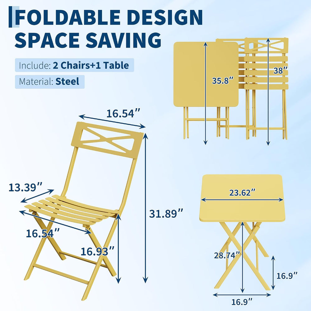 GARVEETECH 3-Piece Folding Bistro Set, Heavy Duty Outdoor Patio Furniture wit...