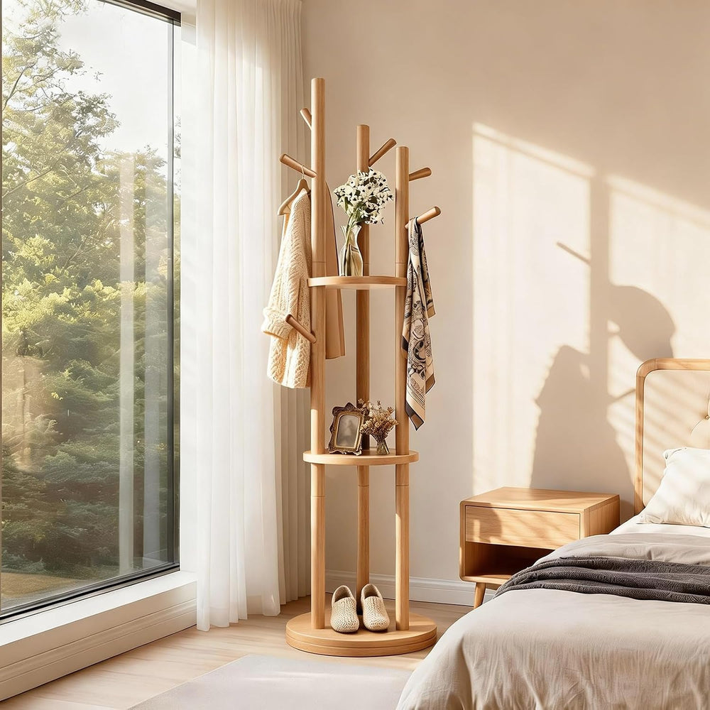 Solid Wood Rotary Coat Rack, Coat Rack Freestanding with 3 Storage Shelves &a...