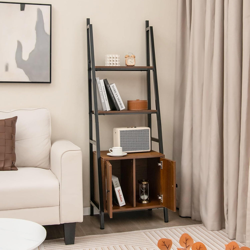 Tangkula 4-Tier Ladder Shelf, Industrial Bookshelf w/Cabinet, Rustic Brown