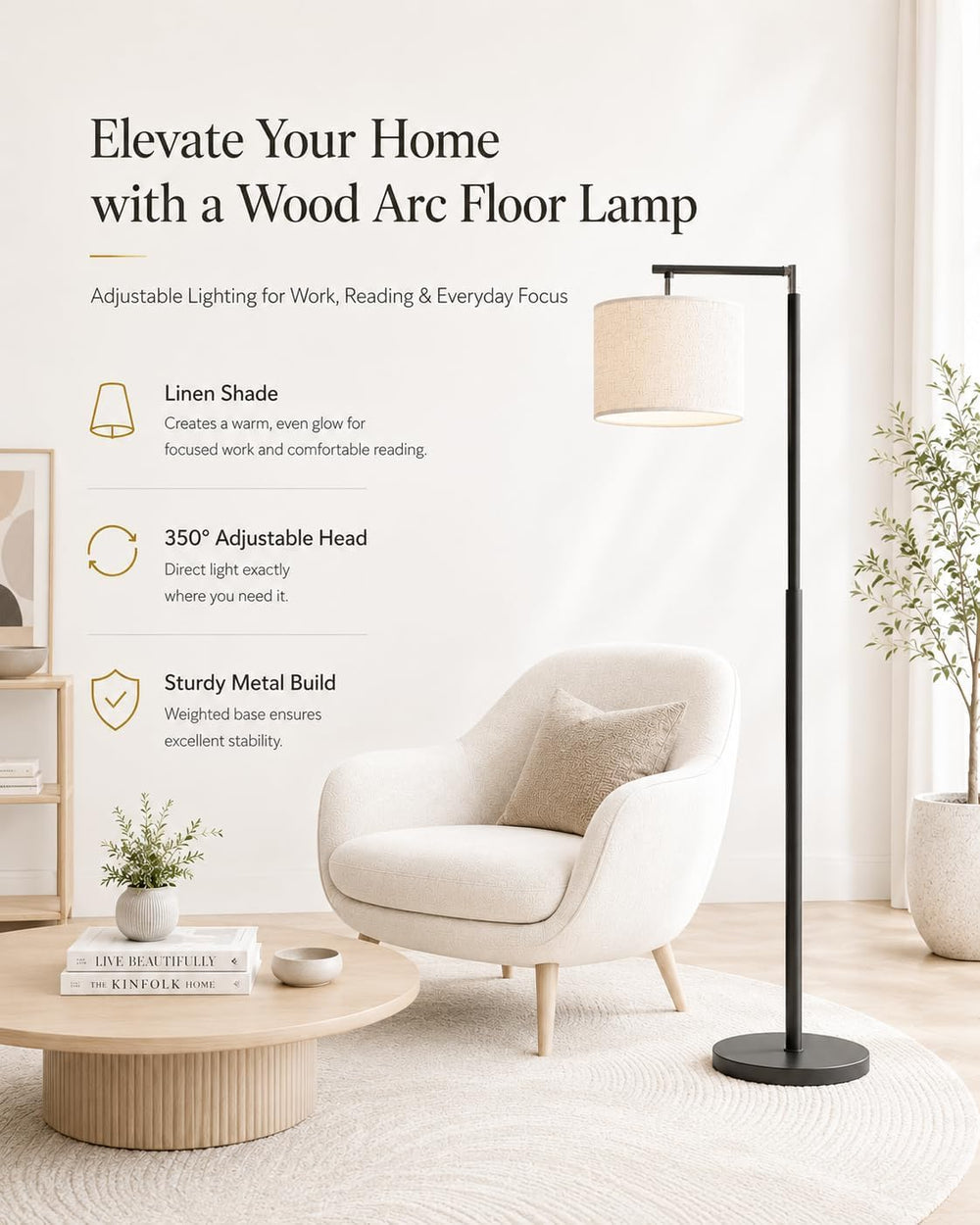 GERGO Modern Arc Floor Lamp for Living Room, Adjustable Linen Shade, Black